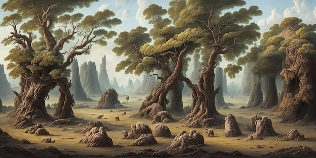 Een schilderij van een landschap met bomen en bergen op de achtergrond.