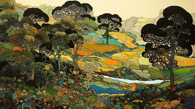 Een schilderij van een landschap met bomen en een rivier op de voorgrond.