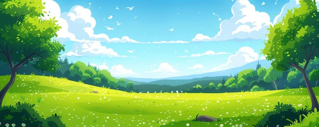 een schilderij van een landschap met een groen veld en een berg op de achtergrond