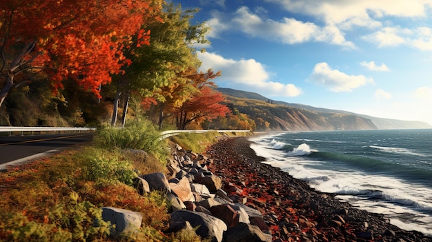 een schilderij van een landschap met een weg en bomen met de oceaan op de achtergrond