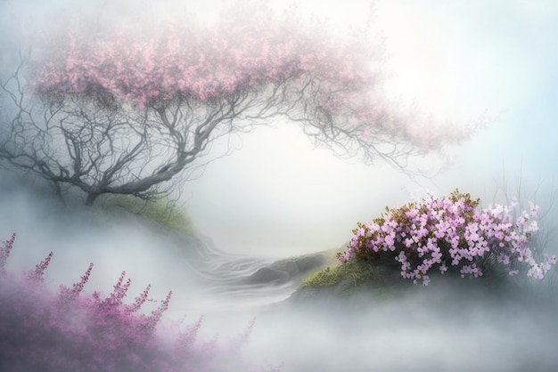 Een schilderij van een landschap met roze bloemen en een beekje in de mist.