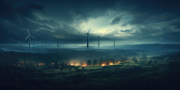 Een schilderij van een landschap met windturbines in de verte