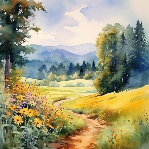 een schilderij van een landweg in de bergen.