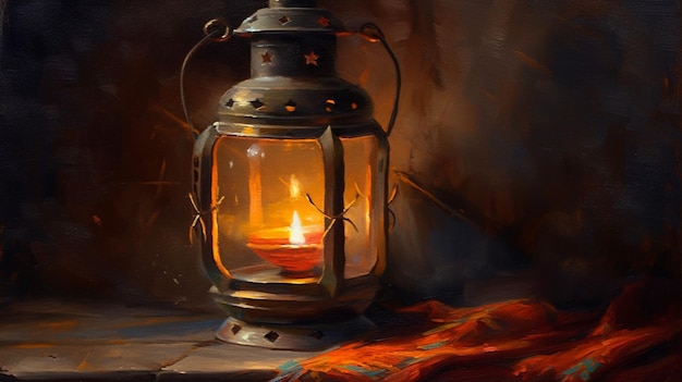 Een schilderij van een lantaarn met een vlam erop.