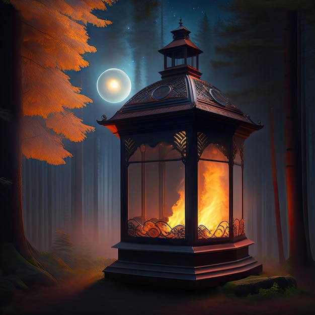 een schilderij van een lantaarn met een volle maan op de achtergrond.