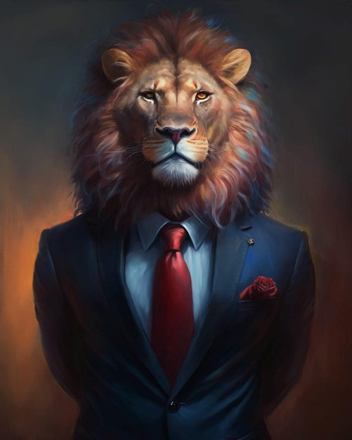Een schilderij van een leeuw in pak en stropdas