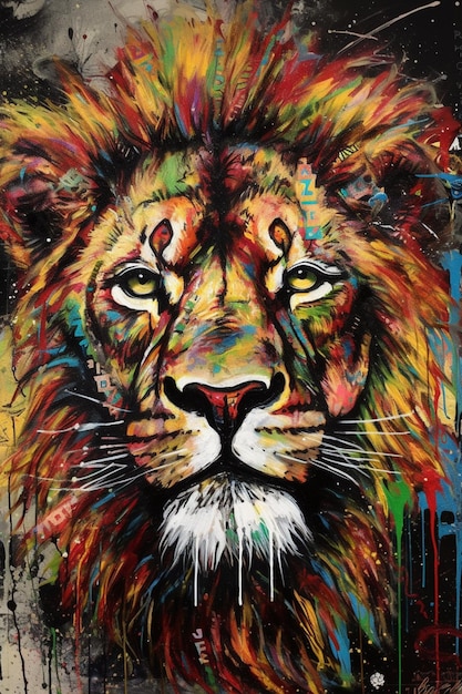 Een schilderij van een leeuw met een geel oog en zwarte en rode manen.