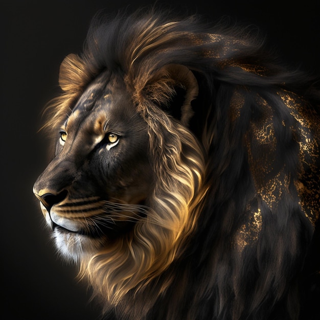 Een schilderij van een leeuw met zwarte en gouden manen.