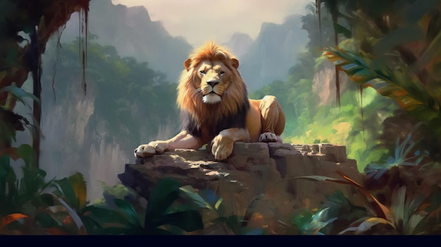 Een schilderij van een leeuw zittend op een rots in een jungle Generatieve AI