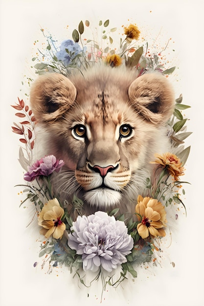 Een schilderij van een leeuwin met bloemen erop