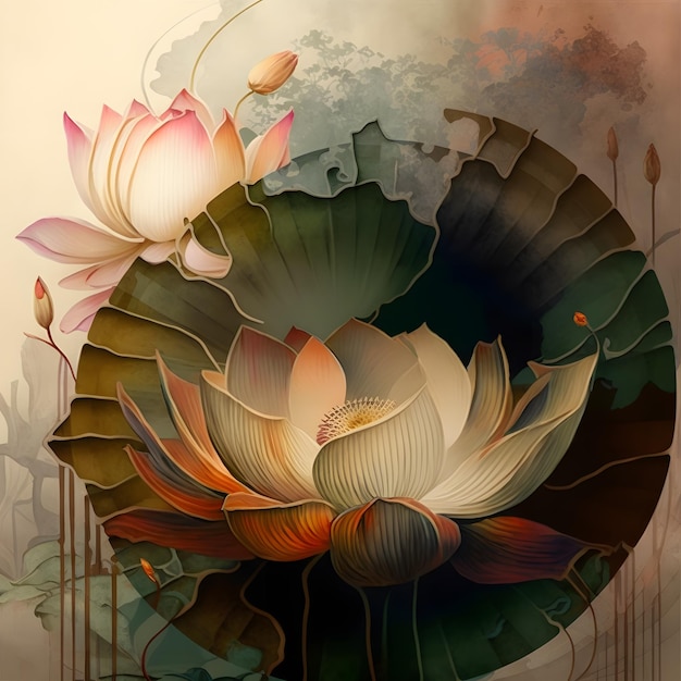 Een schilderij van een lotusbloem met een groene cirkel op de achtergrond.