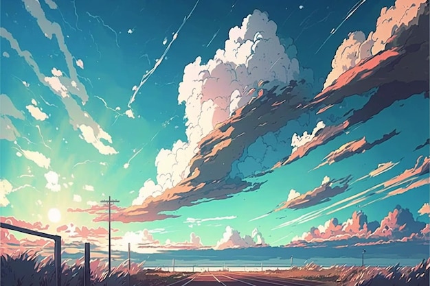 Een schilderij van een lucht met wolken en een veld met een zonnestraal