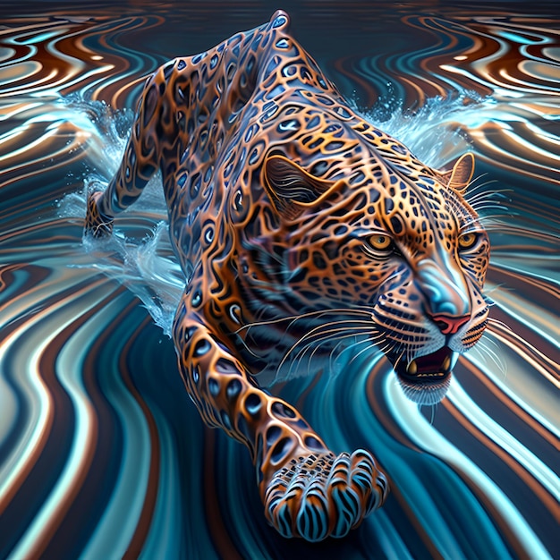 Foto een schilderij van een luipaard die in het water zwemt