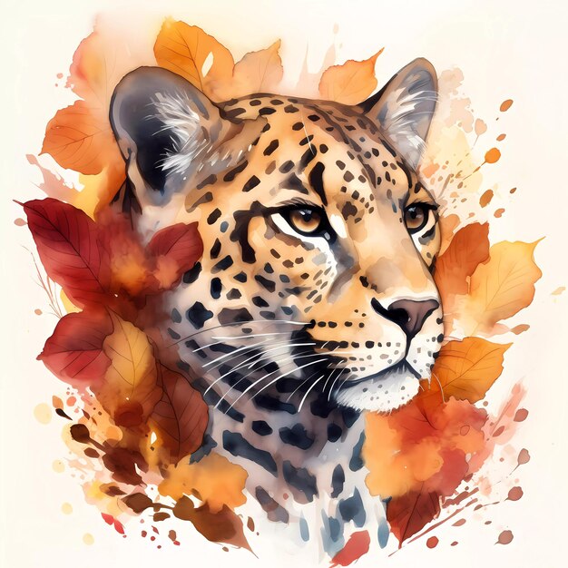Een schilderij van een luipaard met herfstbladeren erop