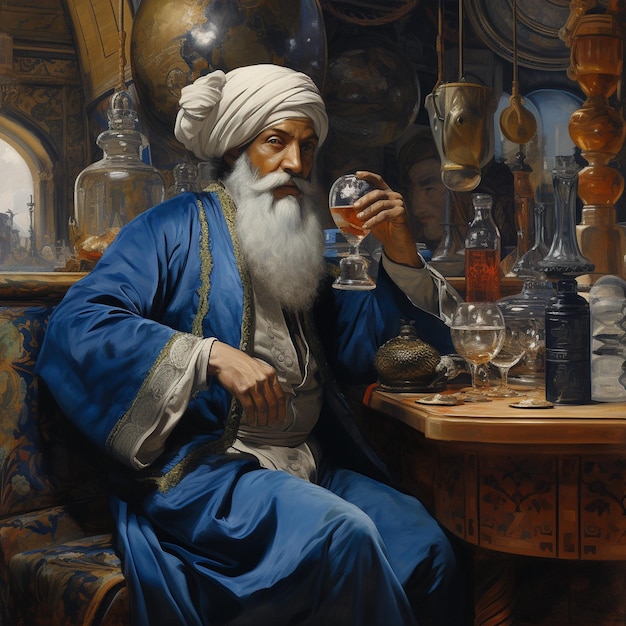 een schilderij van een man die drinkt uit een glas met een glas erin.