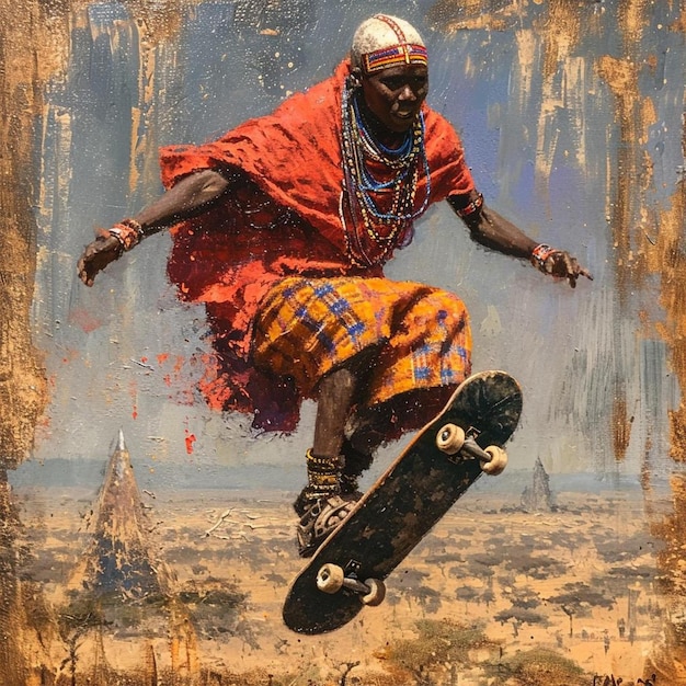 een schilderij van een man die een truc doet op een skateboard