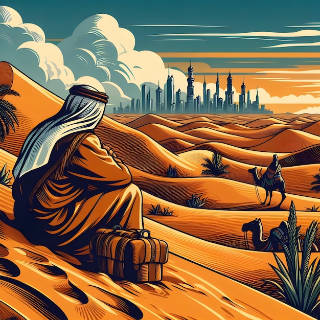 Foto een schilderij van een man die in de woestijn zit met de stad op de achtergrond