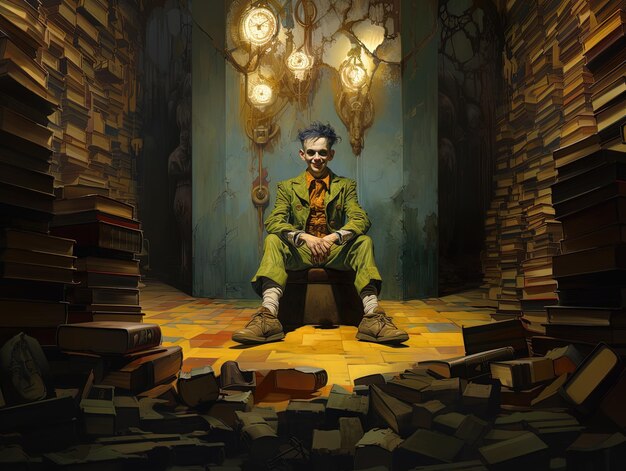 een schilderij van een man die op de vloer zit met boeken op de achtergrond