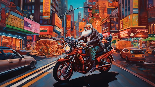 Een schilderij van een man die op een motorfiets in een stad rijdt.