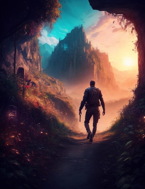 een schilderij van een man die over een pad in het bos loopt.