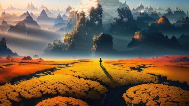 Een schilderij van een man die over een veld loopt met bergen op de achtergrond.