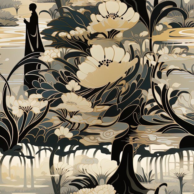 een schilderij van een man die voor een bos staat met bloemen
