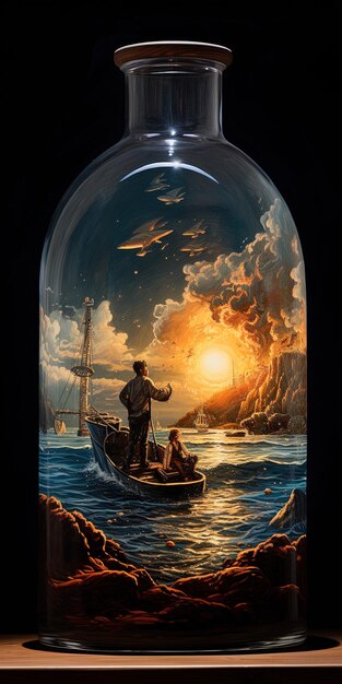een schilderij van een man en een boot met een zonsondergang op de achtergrond