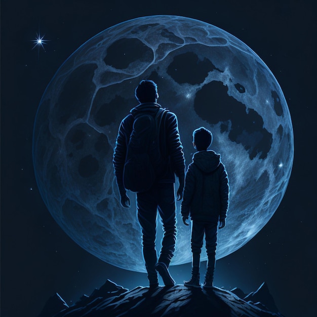 Foto een schilderij van een man en een jongen die naar de maan kijken.
