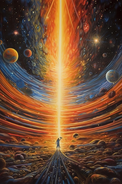 Een schilderij van een man en een ster met de woorden 'het einde van het universum'