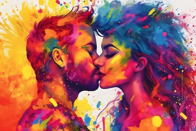 Een schilderij van een man en een vrouw die elkaar kussen