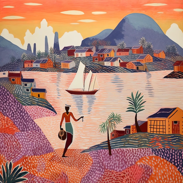 een schilderij van een man en een zeilboot met bergen op de achtergrond