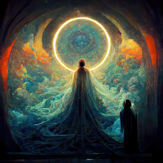 een schilderij van een man in een cirkel met een man in de cirkel met het woord god erop