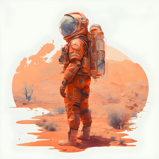 Een schilderij van een man in een oranje ruimtepak met een grote oranje tas op zijn rug.