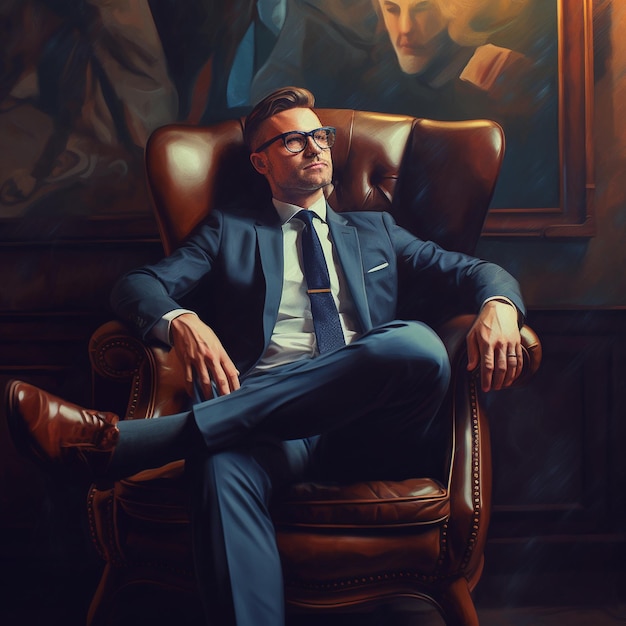 Een schilderij van een man in een pak en stropdas die in een stoel zit.