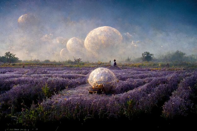 een schilderij van een man in een veld van lavendel