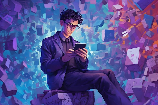Een schilderij van een man in pak en bril die op zijn telefoon kijkt.