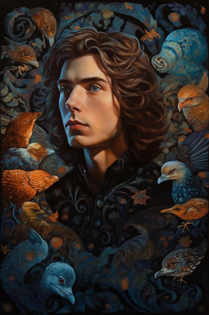 Een schilderij van een man met blauw haar en een zwart shirt met vogels erop.