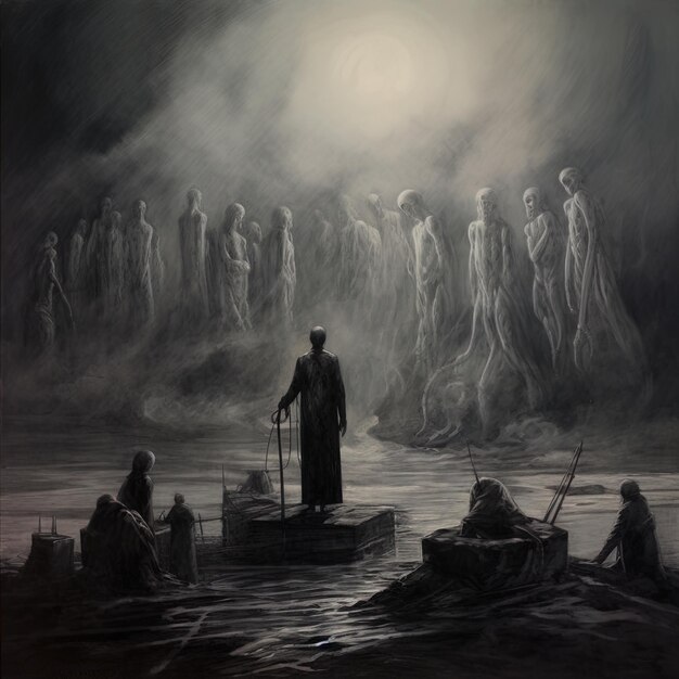 een schilderij van een man met een boot en een groep mensen op de achtergrond