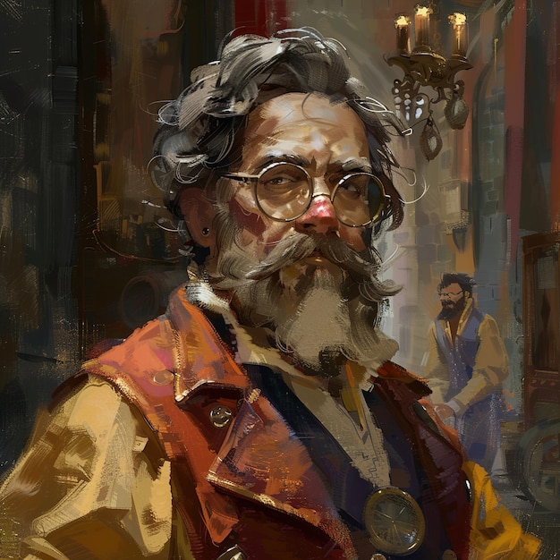 een schilderij van een man met een bril en een rode jas met een tag dat zegt oud
