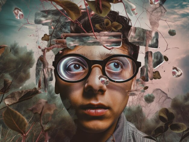 Een schilderij van een man met een bril op zijn hoofd Generatief AI-beeld