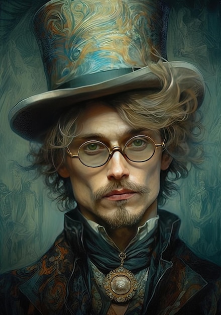 een schilderij van een man met een hoed en bril.
