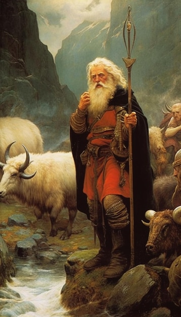 Een schilderij van een man met een lange witte baard staat voor een berg met schapen