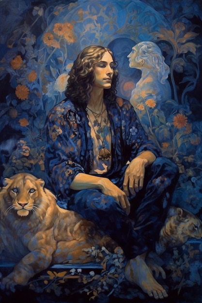 Een schilderij van een man met een leeuw op zijn borst.