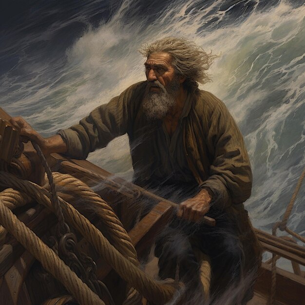Foto een schilderij van een man op een boot met een lang touw