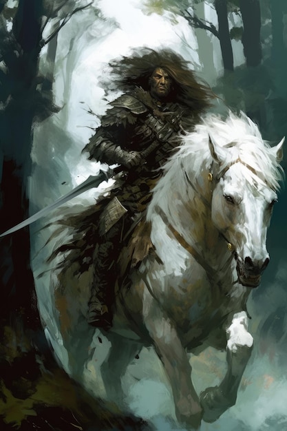 Een schilderij van een man op een paard met een zwaard erop.