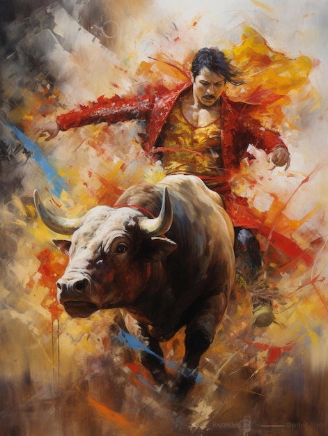 Een schilderij van een man op een stier met een rood shirt erop