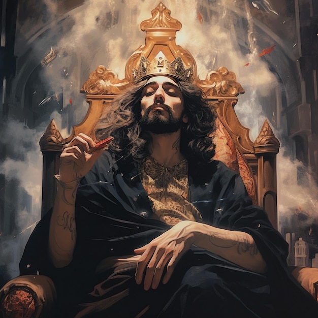 een schilderij van een man zittend op een troon met de woorden "Jezus" erop.