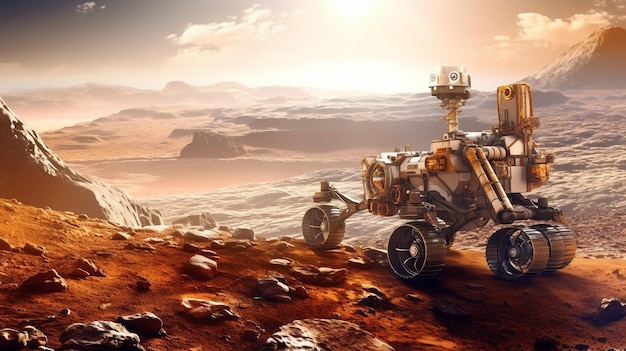 Een schilderij van een Mars rover op een planeet.