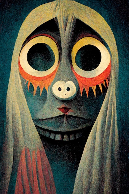 Een schilderij van een masker met het woord rat erop
