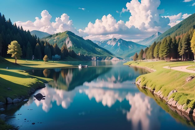 Een schilderij van een meer met bergen op de achtergrond.